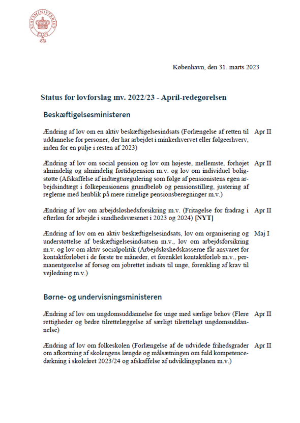 Status for lovforslag mv. 2022/23 - april-redegørelen 