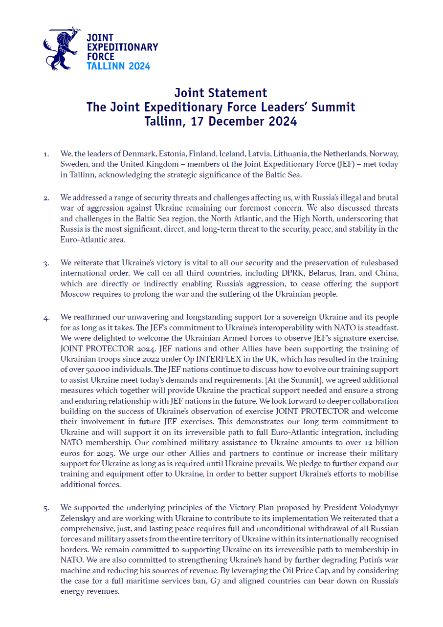 Joint Statement, The Joint Expeditionary Force Leaders’ Summit, Tallinn ...