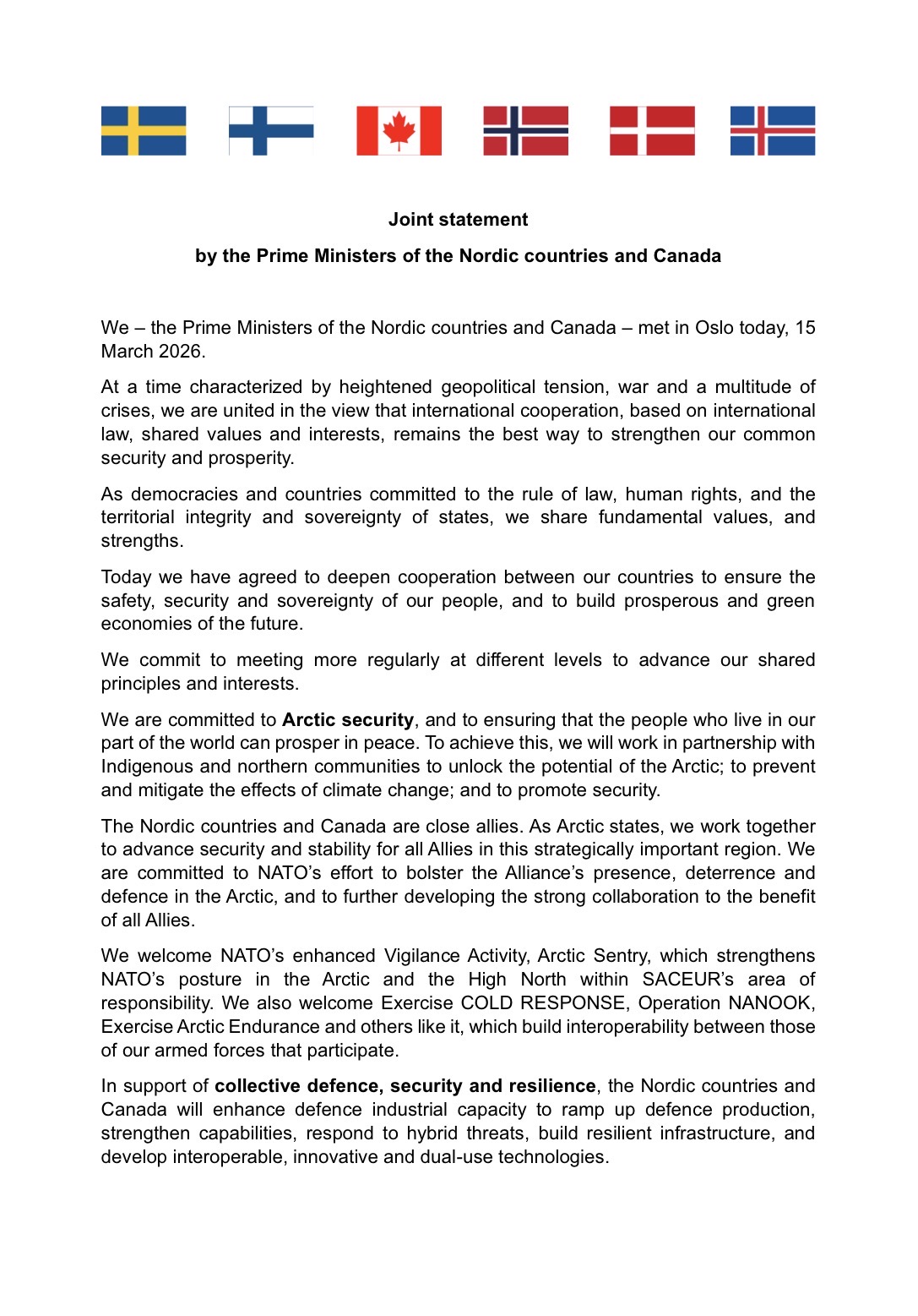 Joint statement by the Prime Ministers of the Nordic countries and ...